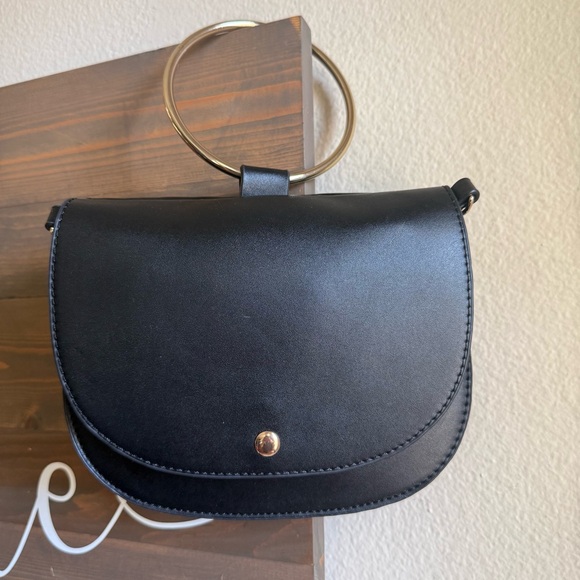 Madison West Handbags - MADISON WEST Elegant Black Leather Handbag with Gold Hoop Handle